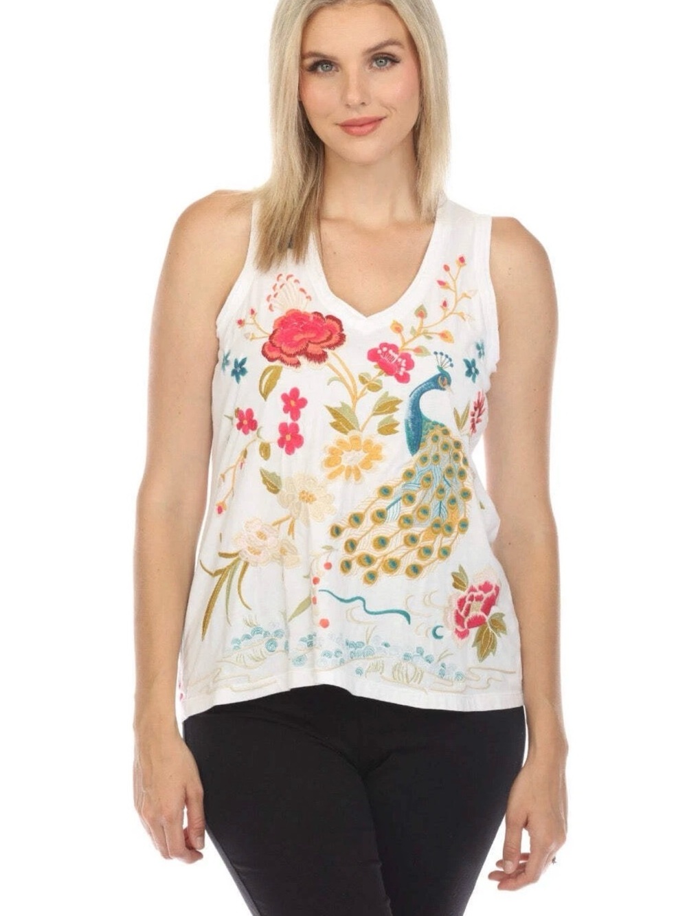 Johnny Was Embroidered White Sleeveless Women's Top with Peacock Motif - Picture 3 of 6